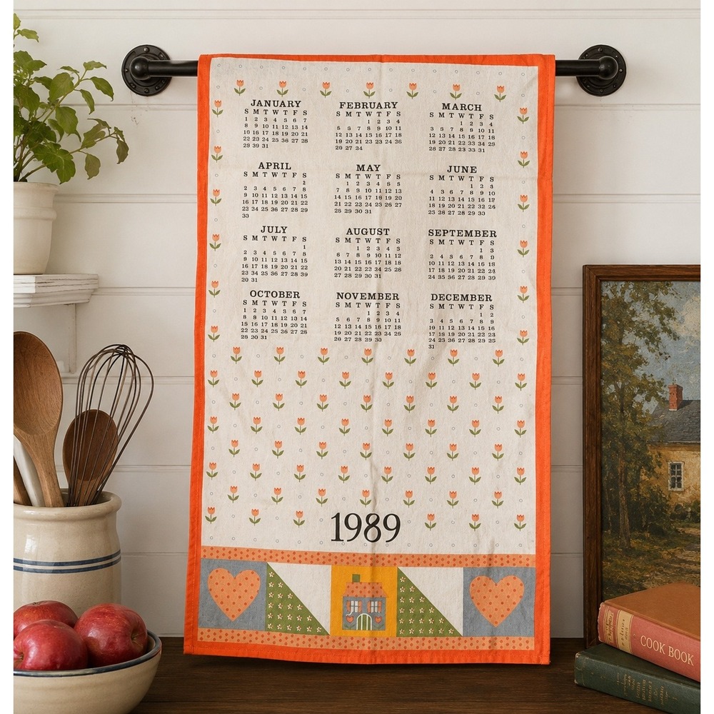 Vintage 1989 Calendar Tea Towel Tulips Hearts Folk Art Kitchen Dish Towel Orange